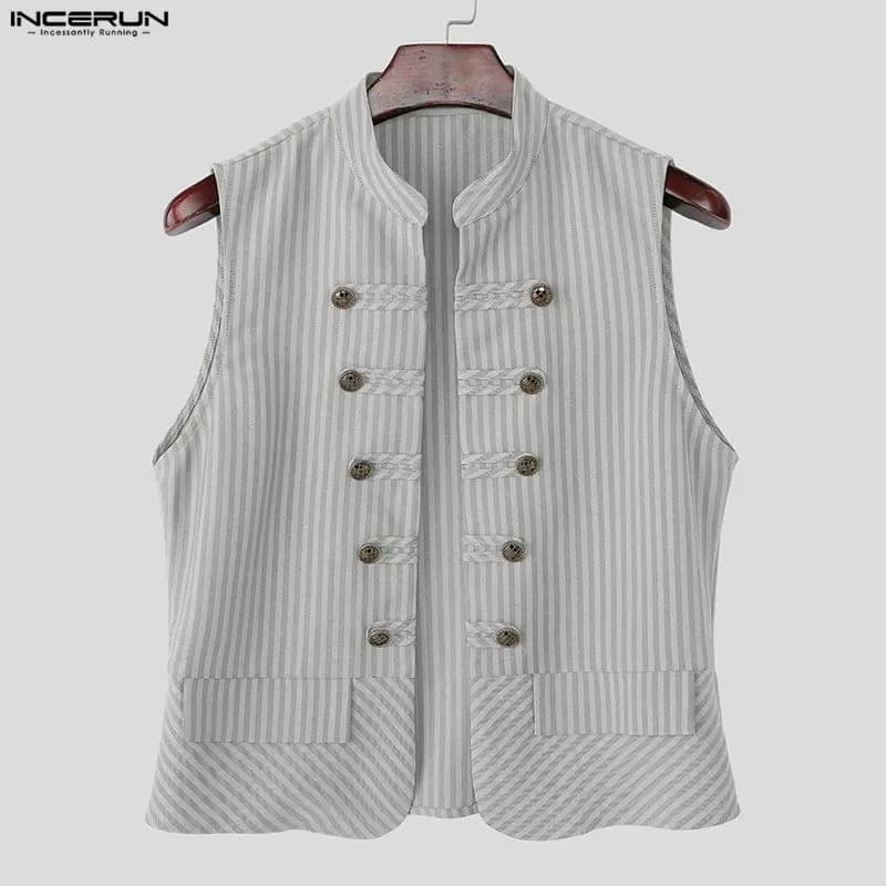 INCERUN Men Vests Striped Stand Collar Sleeveless Open Stitch Male Waistcoats Streetwear 2026 Fashion Casual Crop Vests For Man