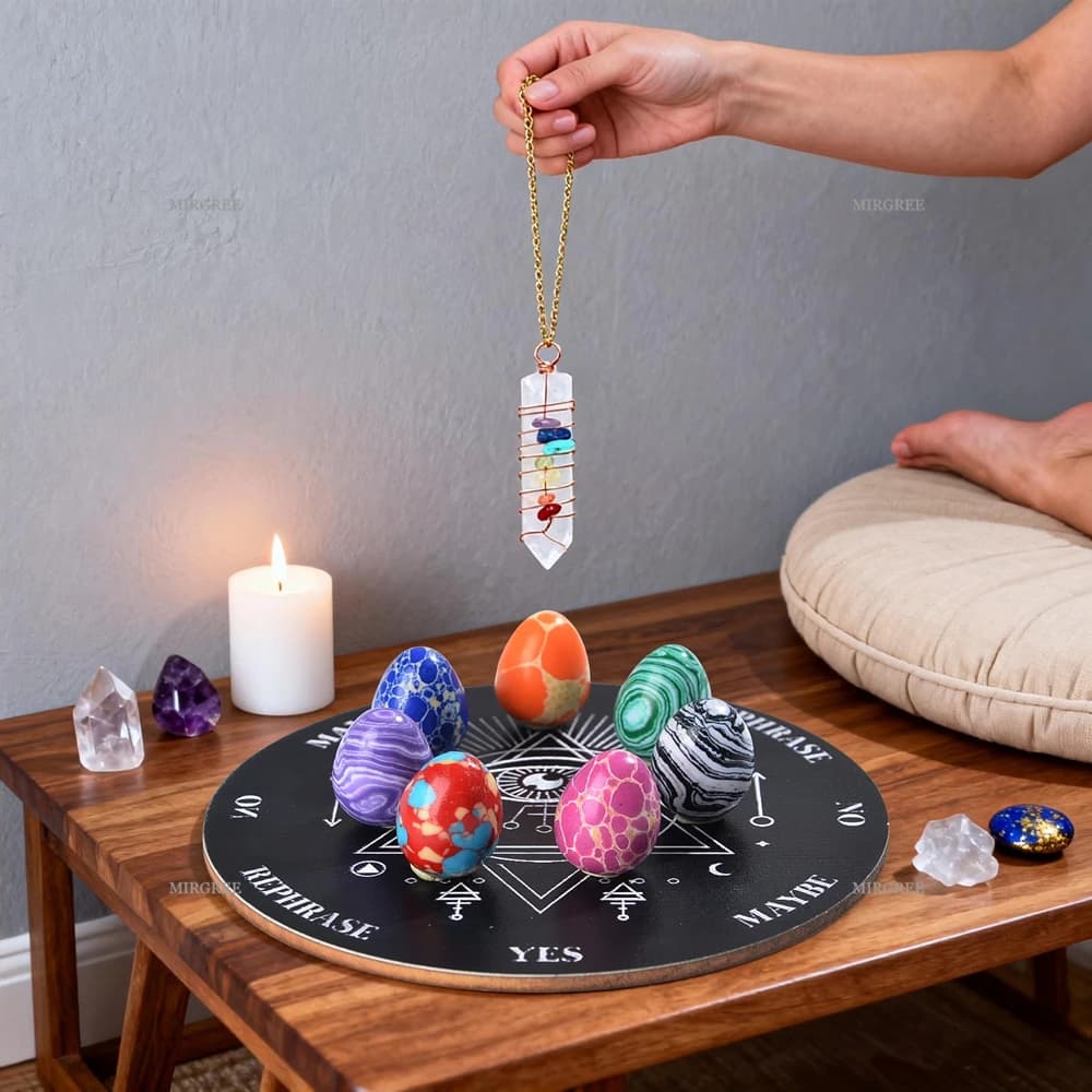 Set da 9 pezzi per divinazione a pendolo in cristallo, incluso tabellone per decisioni e uova di pietre preziose, adatto per la guida e le forniture di stregoneria