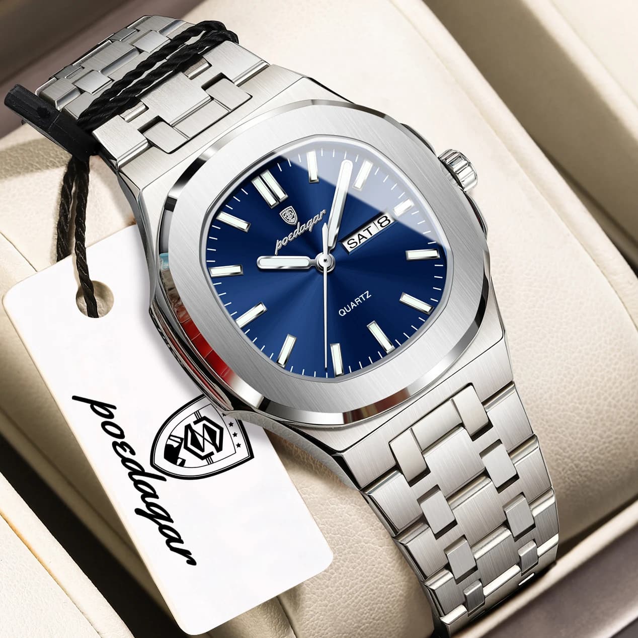 POEDAGAR Women's Watch Square Refined with Date and Original Day Waterproof Bright Stainless Steel Quartz