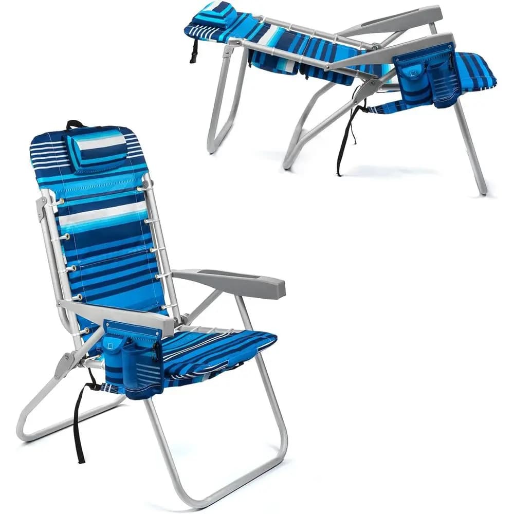 Sedia da Spiaggia Pieghevole Alta con 5 Posizioni, Porta Asciugamani, Borsa Termica e Tasca Portaoggetti, Portabicchieri e Portaoggetti, Blu