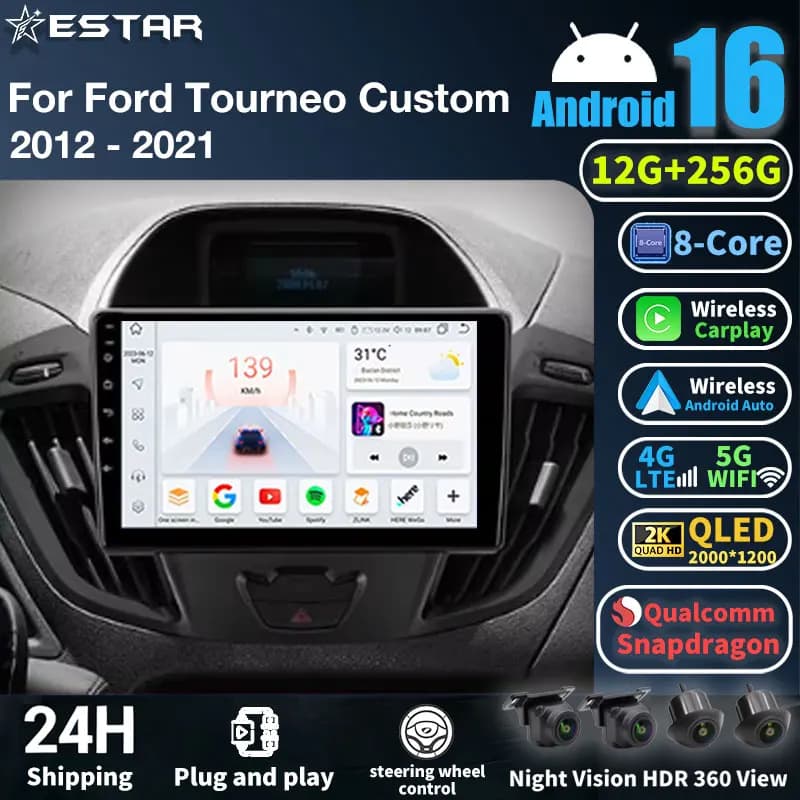 Autoradio Android 16 Carplay Auto con schermo 2K, lettore multimediale per Ford Tourneo Custom 1 I Transit 2012-2021, stereo per auto.