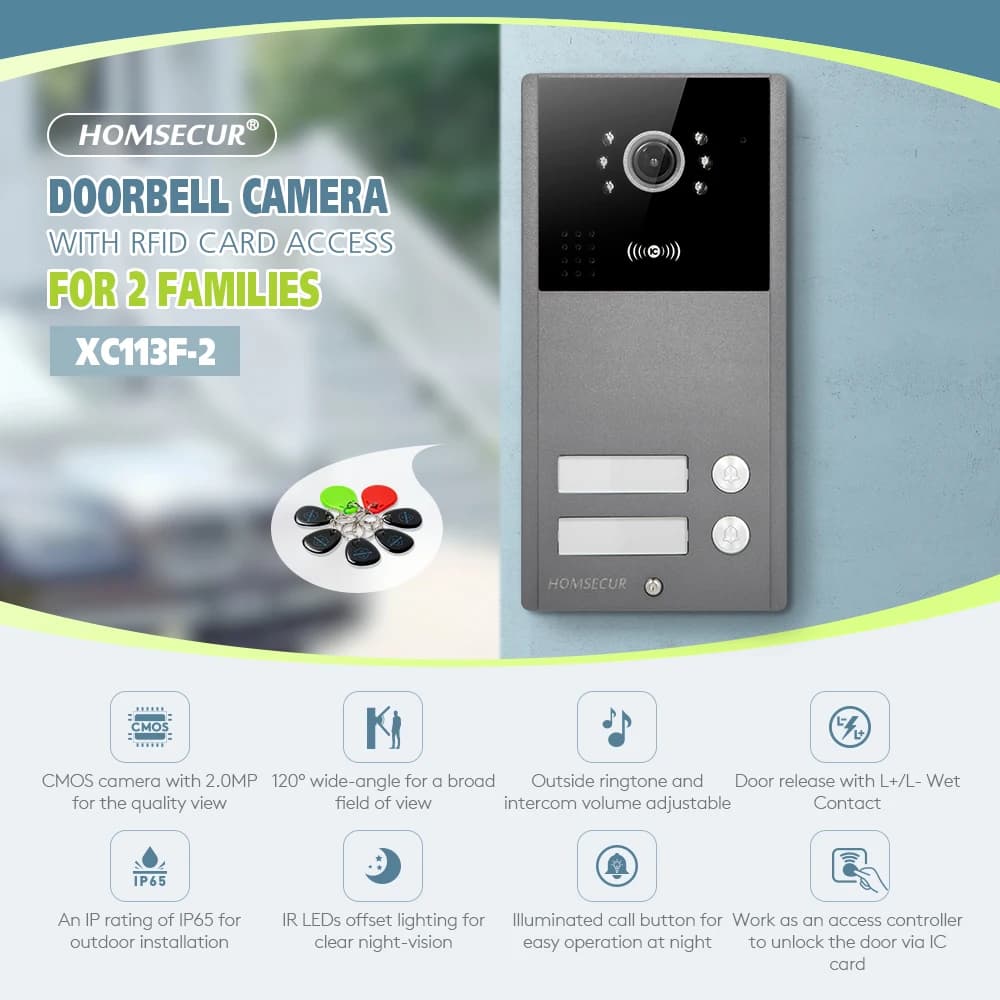Telecamera per campanello esterno HD a 4 fili XC113F-2 IP65 + 5 pezzi IC 13,56 Mhz telecomandi per videocitofono chiamata citofono sicurezza 2 famiglie