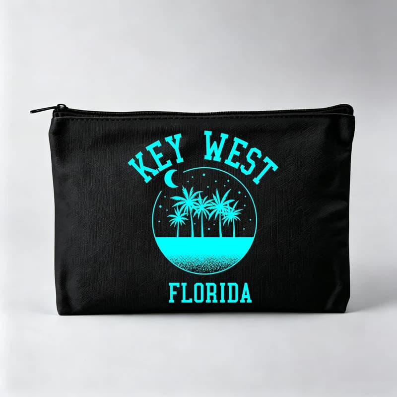 Women's Tropical Palm Tree Letter Print Makeup Bag, Zipper Cosmetic Pouch for Travel