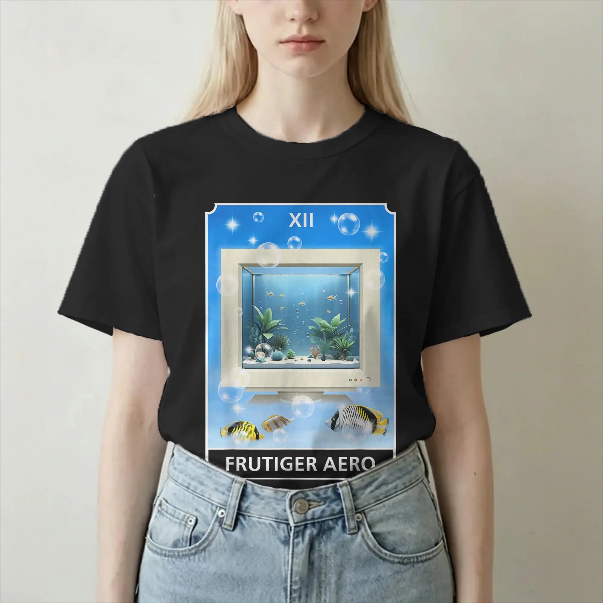 T-shirt estetiche Frutiger Aero da uomo e donna, in cotone 100%, con stampa di umori, computer, acquario, tarocchi