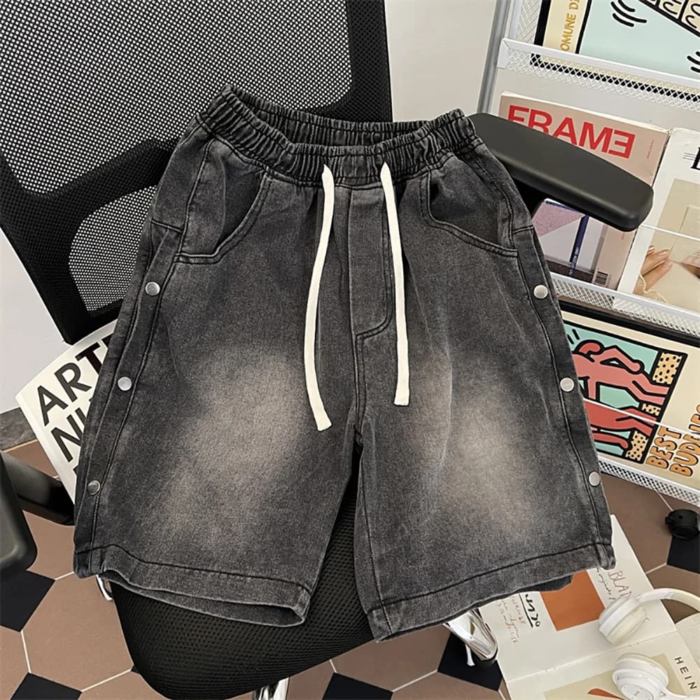 Black Grey Summer jeans shorts Elastic waist with single-breasted Jeans knee wide men's casual street American style