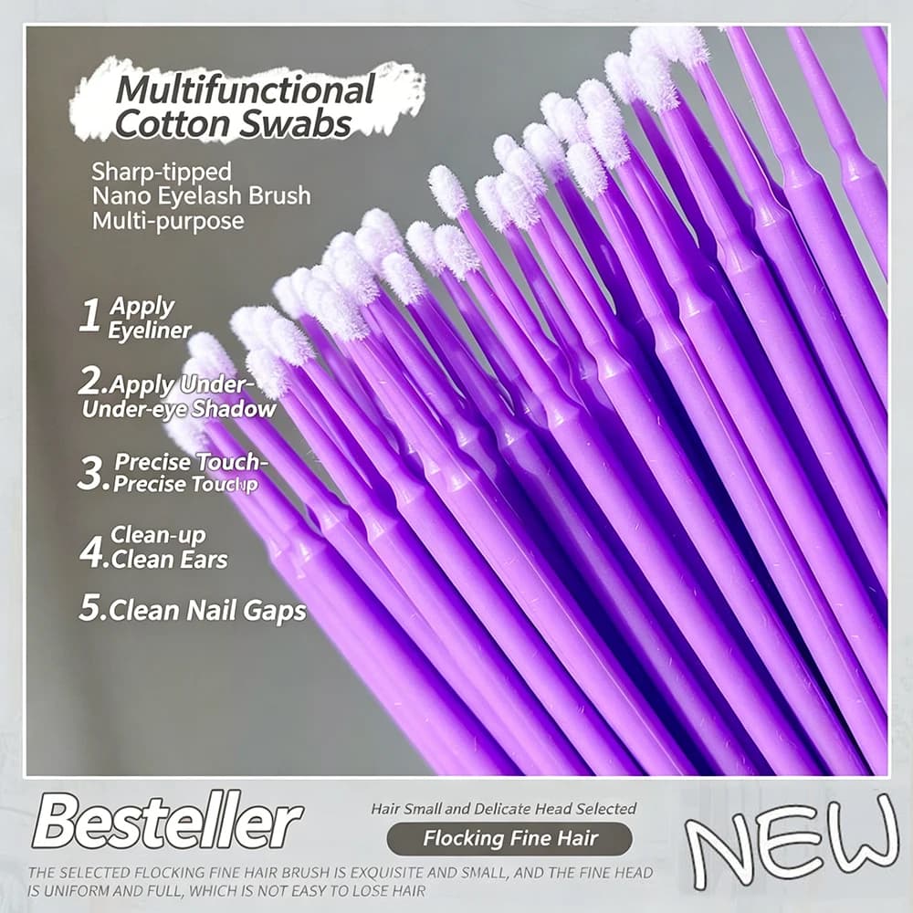 Micro eyelash cotton applicators, eyebrow brushes, spools, mascara brushes, eyelash extension tools and make-up