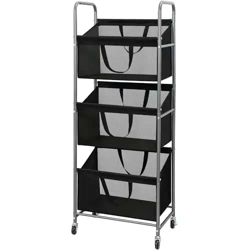 STO STO Cesto Portabiancheria Verticale a 3 Livelli con Ruote e Sacchi Rimovibili, Cesto Portabiancheria Impilabile da 120L, Cesto per Vestiti con W