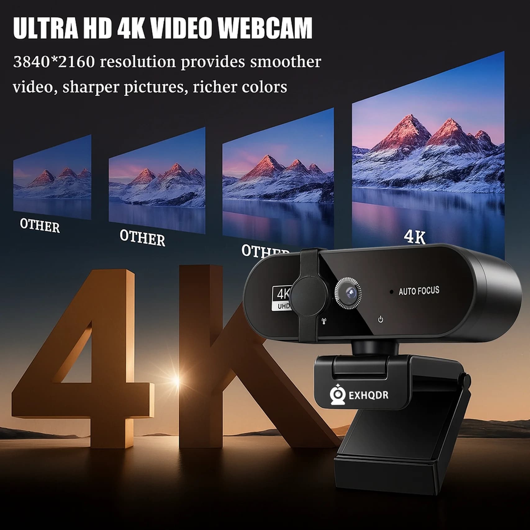 EXHQDR True 4K Webcam with fast autofocus, high resolution video, gift box, free C-type adaptor and tripod for streaming, meetings