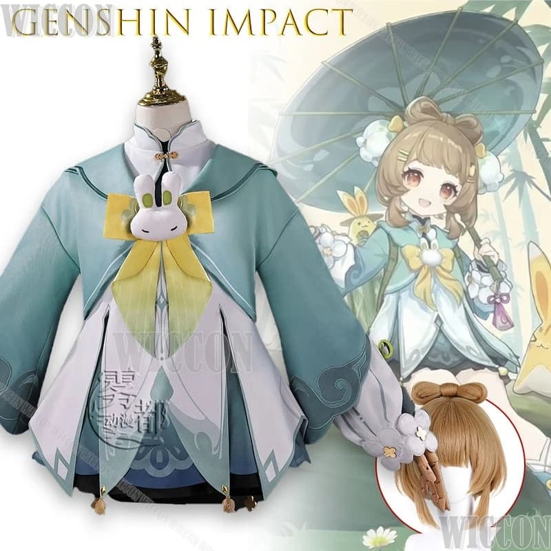 Genshin Impact Yao Yao Listening Rain Bamboo Full Set Ethereal Hanfu Dress Flowing Ribbons Lantern Glow Anime Navidad Carnaval