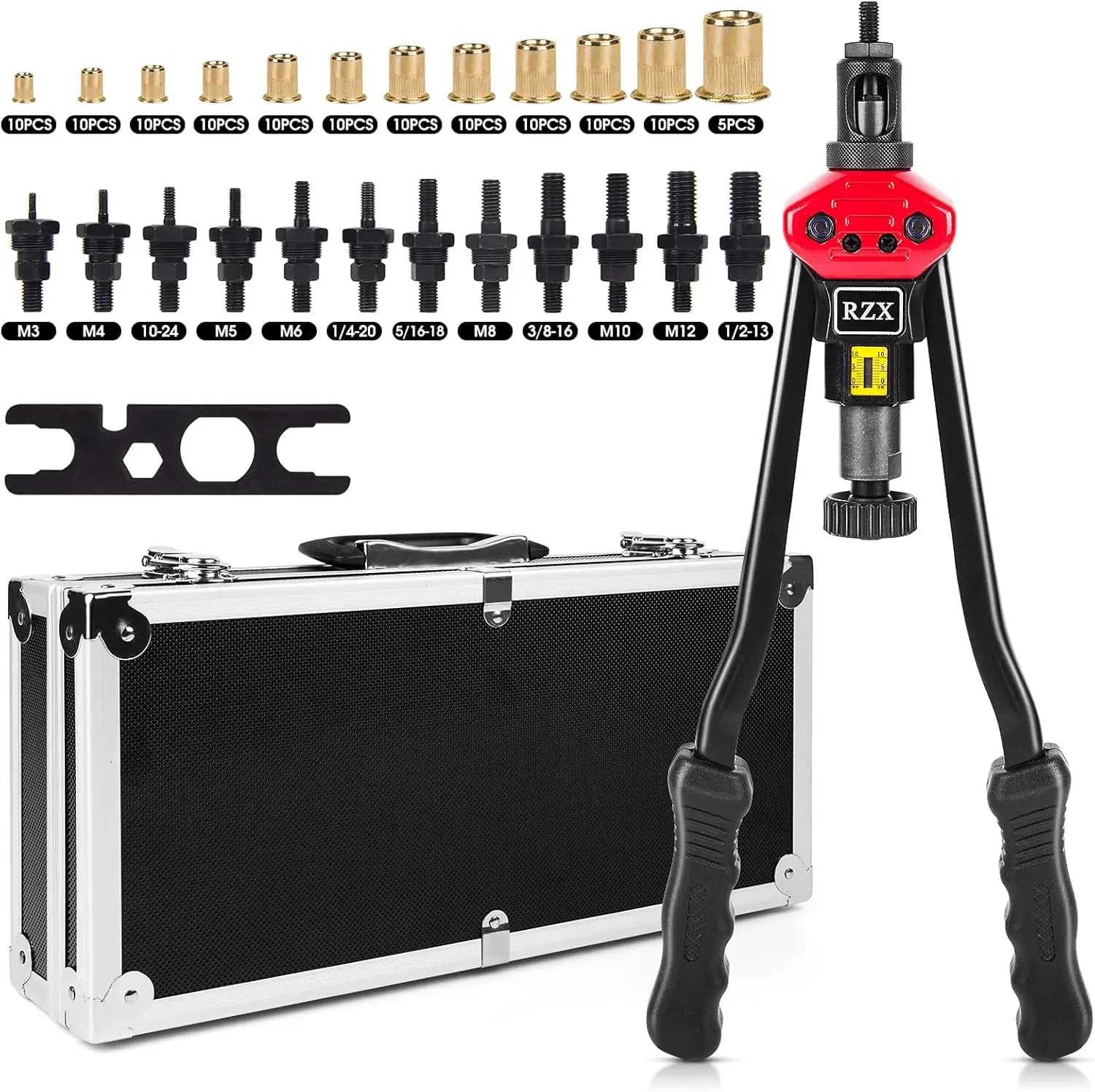 Set di Attrezzi per Dadi a Rivetto da 16 Pollici con 12 Mandrini, 115 Dadi Assortiti, Design Ergonomico e Valigetta in Alluminio