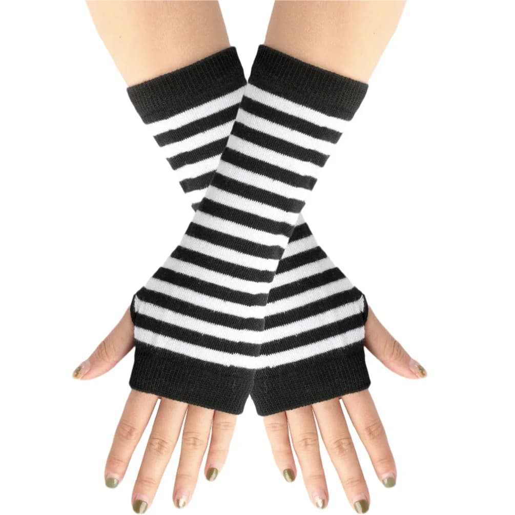 Short Striped Short Sleeved Gloves Lady Kids Autumn Spring Cosplay Punk Knitted Scaldamuscles Soft Elastic Preppy Halloween