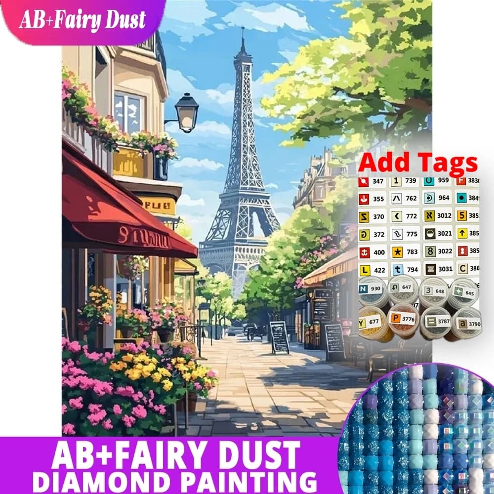 AB Fata Polvere Nuovo Arrivo Diamante Mosaico Paesaggio di Strada Pittura Torre Eiffel Adatto per Principianti Ricamo Fai da Te Gif Unico