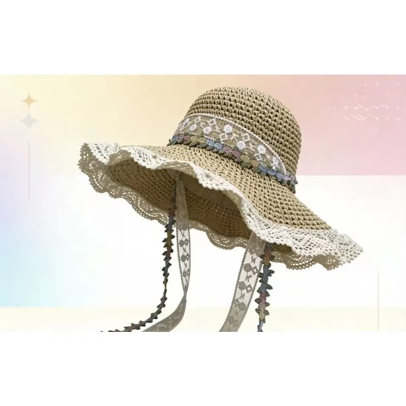 Ladies' Cute Floral Straw Hook Straw Hat, Summer Hollow Out Breathable Seaside Vacation Sunscreen Cover, Foldable Sun Hat