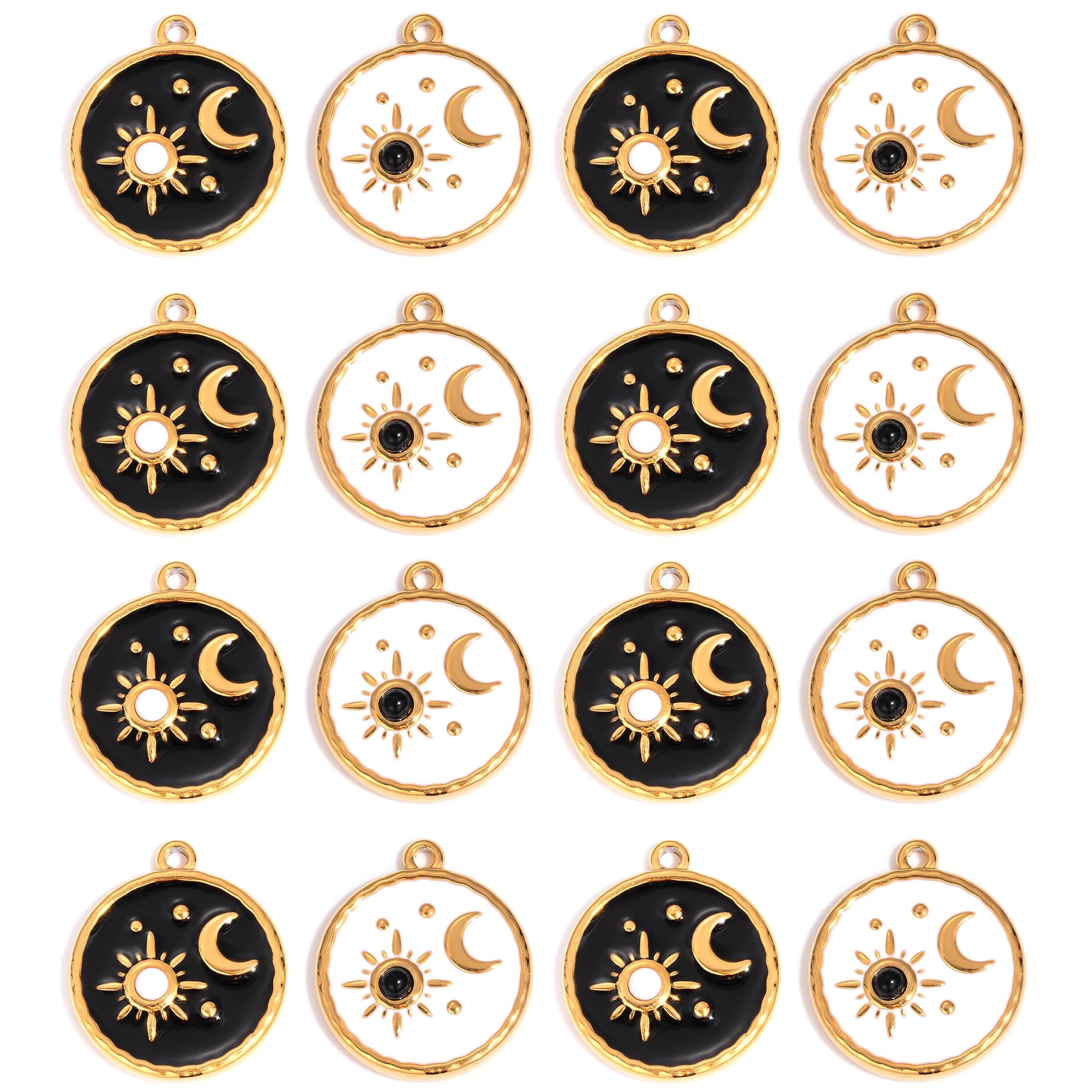10Pcs Fashion Stainless Steel Moon Sun Pendant Black/White Enamel Round Accessories for DIY Handmade Earrings Necklaces Jewelry