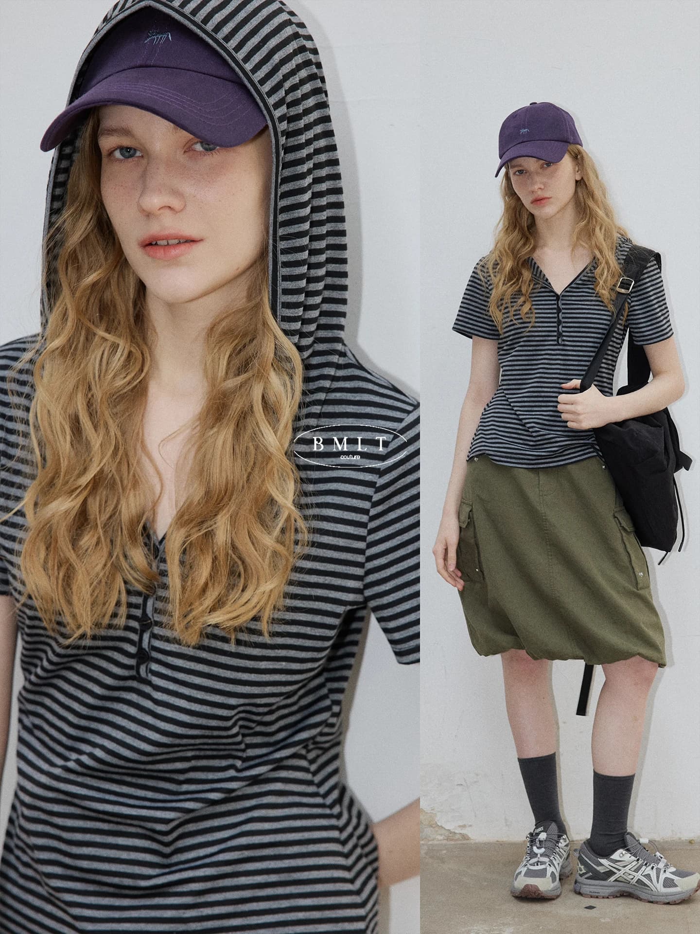 BMLT Twilight Trace Retro Grey Striped Hoodie T-Shirt da donna, design slim, mezza manica, top versatile, stile casual, misto poliestere