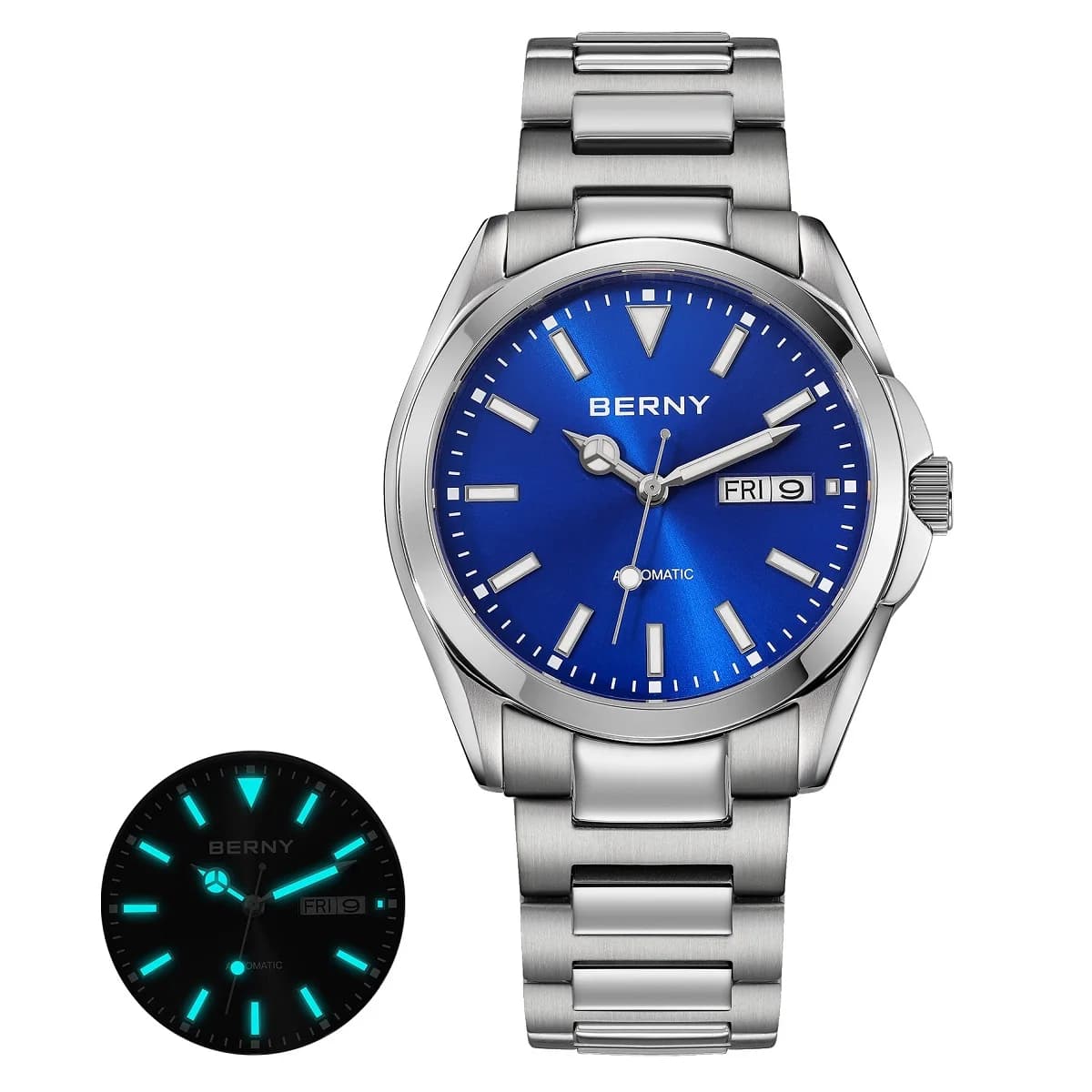 BERNY Orologi automatici da uomo Orologio da polso meccanico con calendario settimanale super luminoso Orologio da uomo completamente in acciaio inossidabile con zaffiro NH36