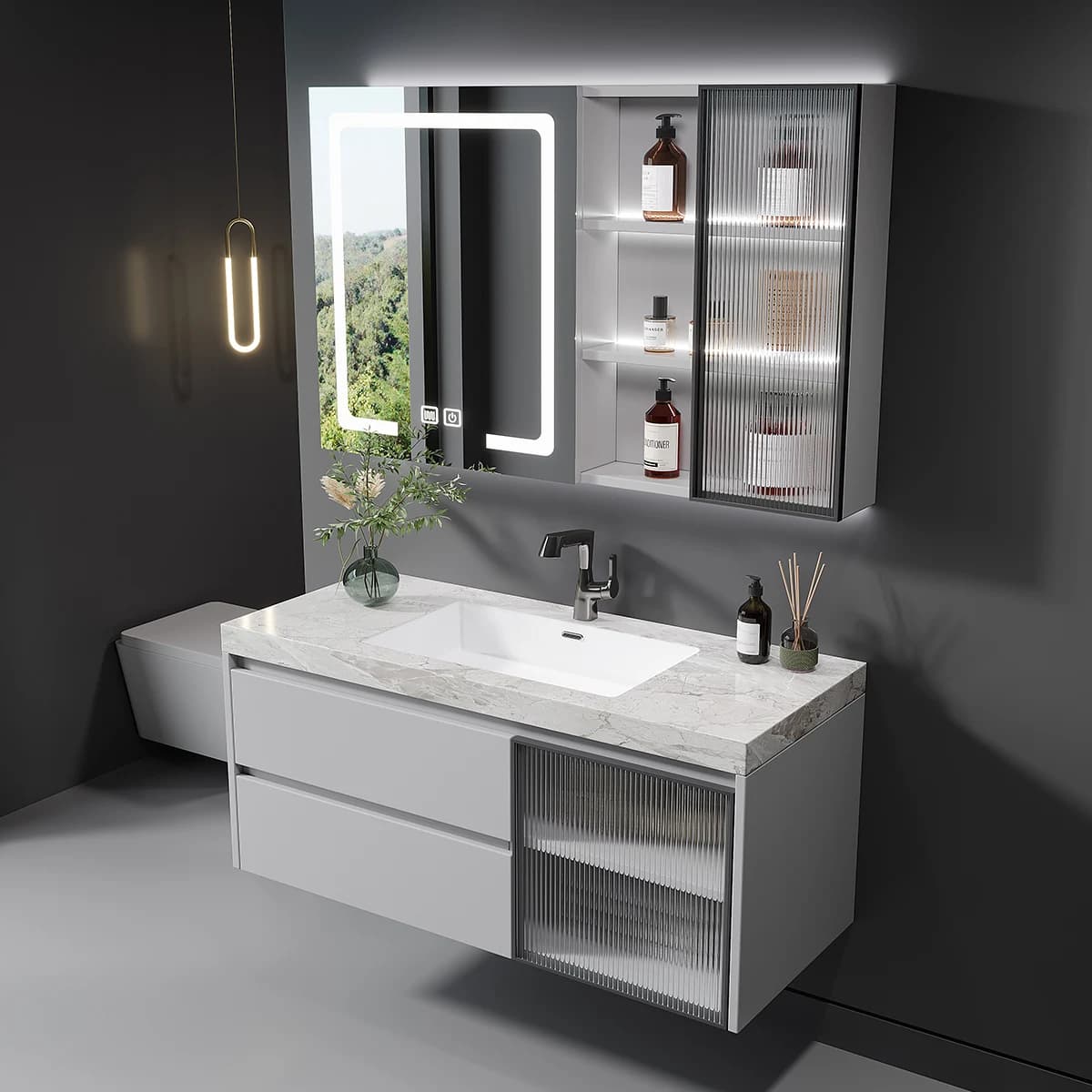 Set Mobile Bagno in Legno a Prezzo di Fabbrica, Moderno Mobile Bagno Sospeso con Lavabo e Specchi