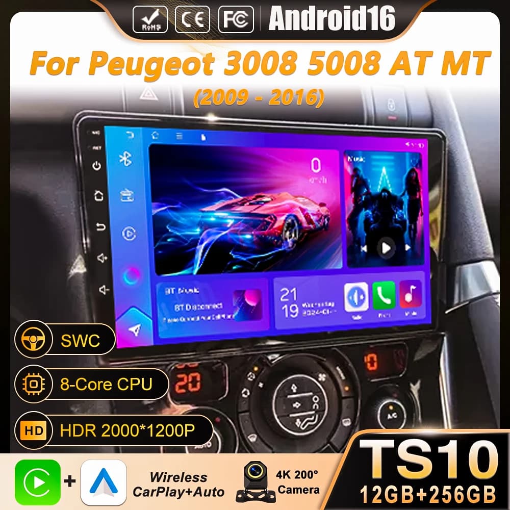 Autoradio multimediale Android 16 per Peugeot 3008 5008 AT MT 2009-2016 con navigatore GPS wireless, Wi-Fi e 4G, Bluetooth