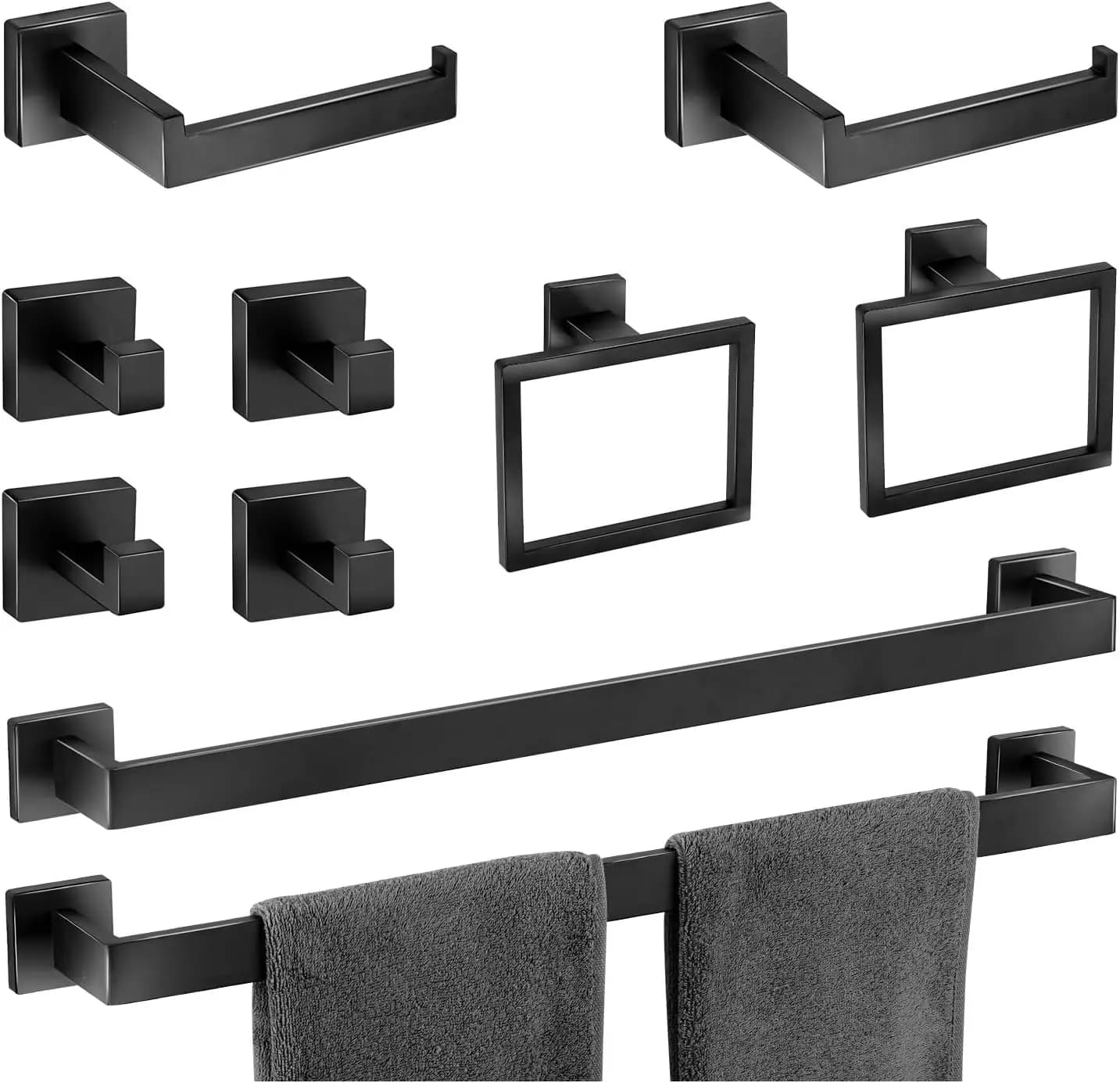Set di accessori da bagno neri opachi da 10 pezzi con portasciugamani, anelli portaoggetti, ganci e porta carta igienica