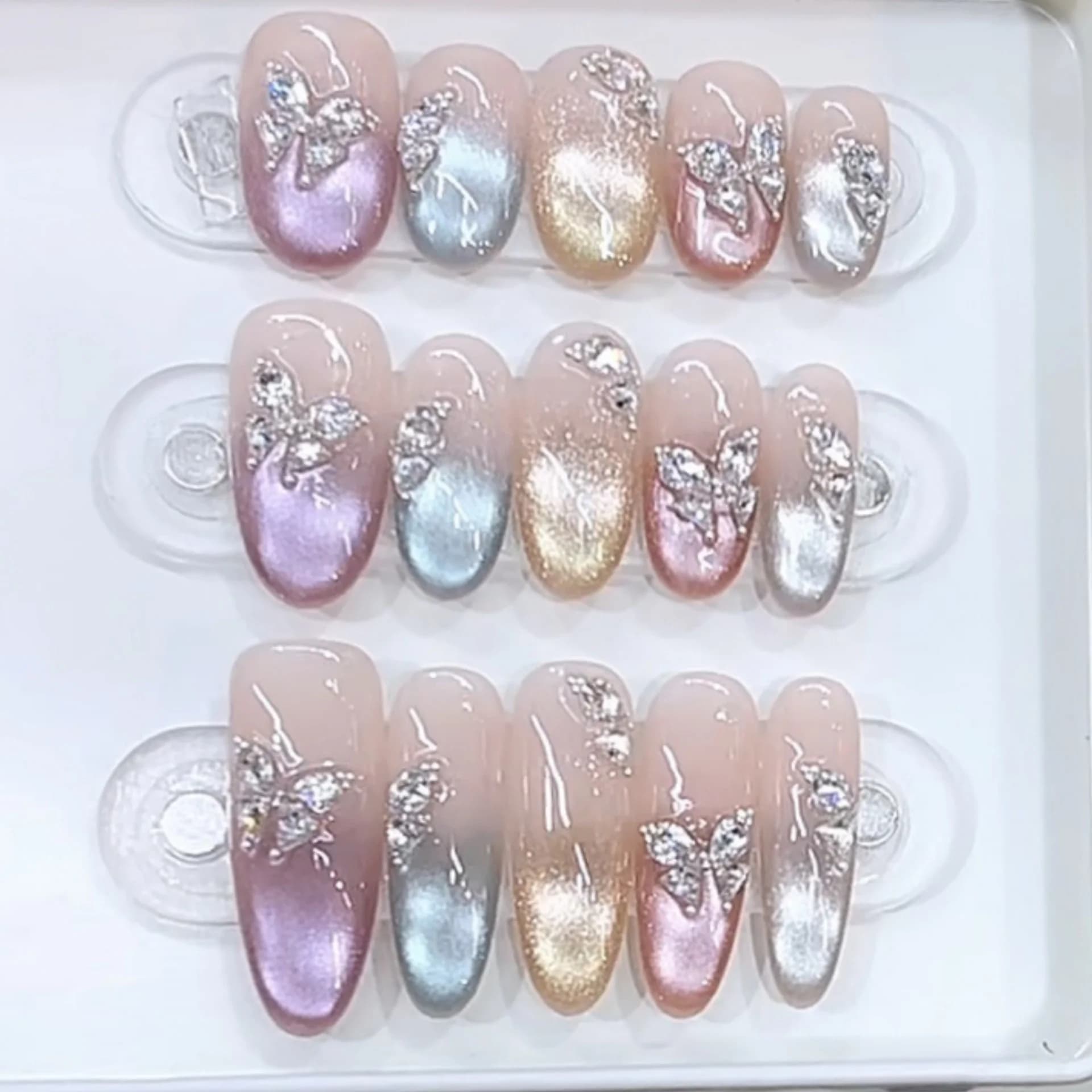 10pcs Oval Handmade Press on Nails Colorful Cat's Eye Tips Fake Nails Art Sweet Butterfly Diamond False Nail Set for Women＆girl