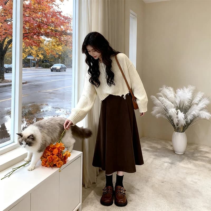Winter New Sle Hot Girl Hole Big Size Knits Fat MM Design Sense ort Top f skirt Two-piece Set Casual Sle