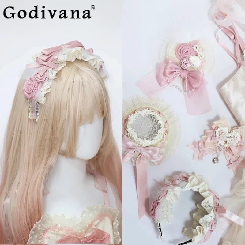 Accessori per capelli Lolita rosa Ragazze morbide Dolce e carino Fiocco in pizzo Fascia per capelli KC Fermagli per capelli Kawaii versatili da donna per ragazze