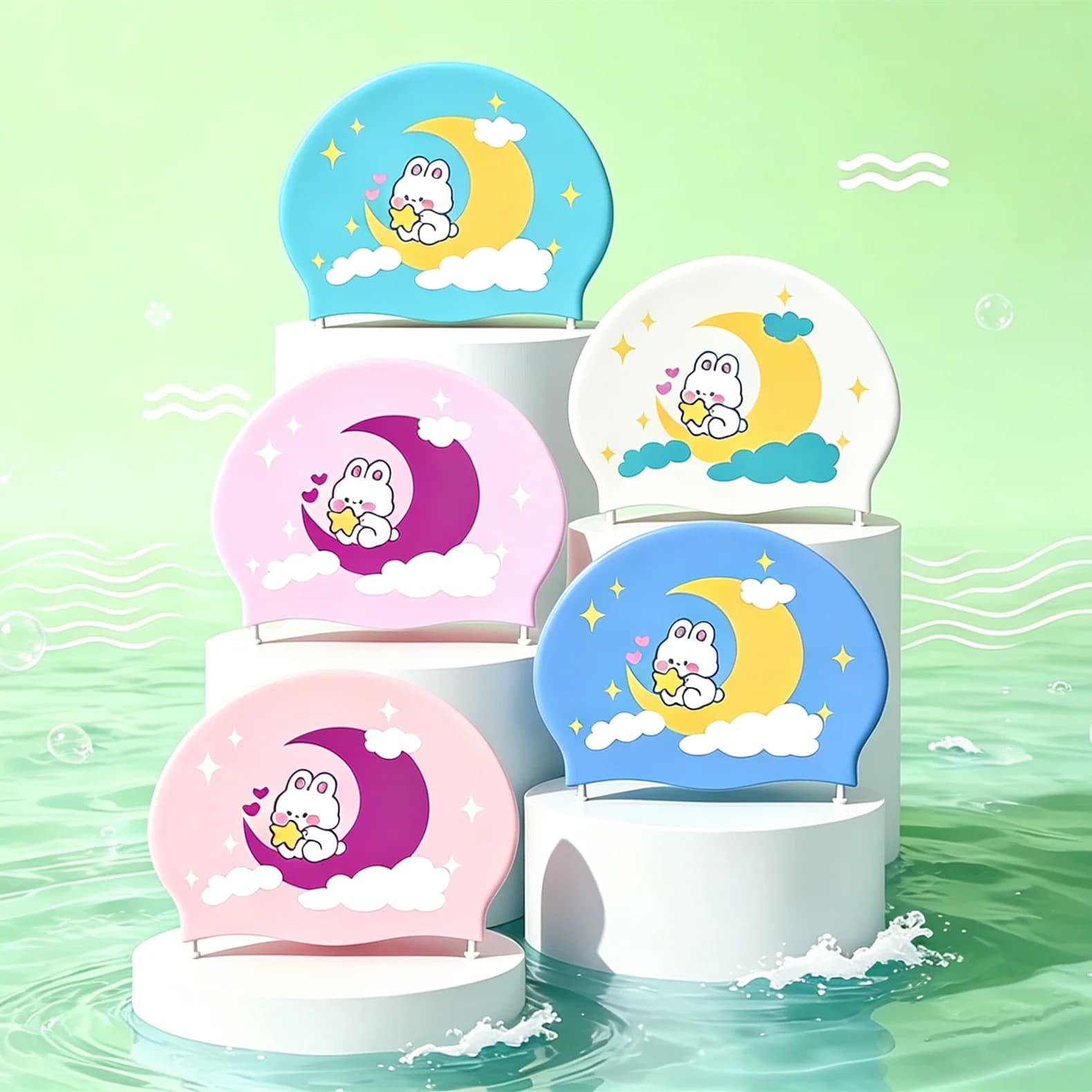New Children's Silicone Swimming Caps Girls and Boys Waterproof Cute Cartoon Swimming Cap Long Hair Ear Protection Swimming Caps
