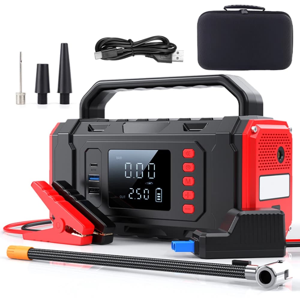 Avviatore d'Emergenza Portatile per Auto 16000mAh 2000A con Luce LED, Kit di Emergenza, Power Bank, Gonfiatore Pneumatici, Ricarica USB-C, Uscita 150W