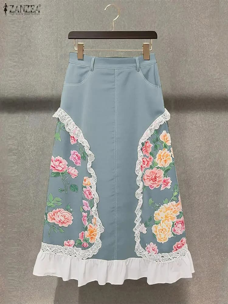 ZANZEA Vintage Floral Print Long Skirts 2025 Fashion Women Elastic Waist Jupes Faldas Saia Casual Lace Patchwork Ruffled Bottoms