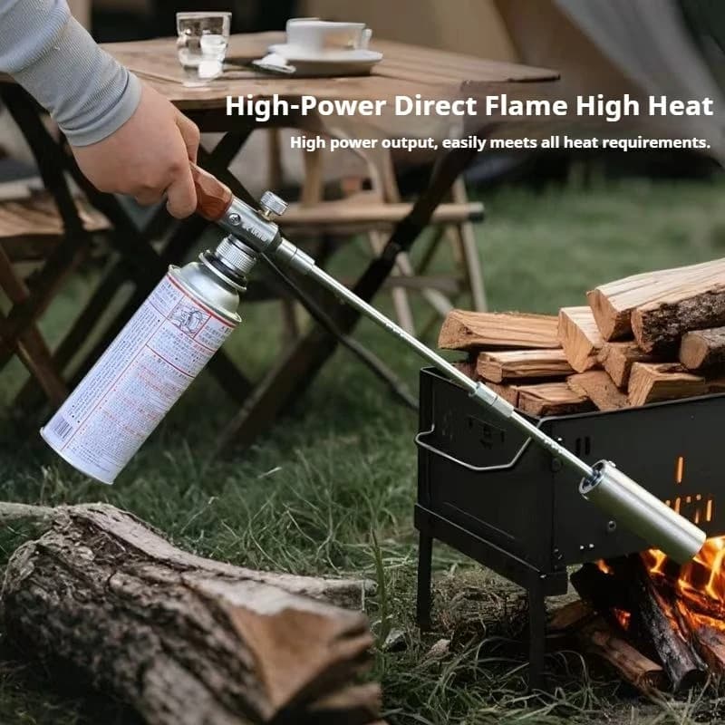 Accenditore a fiamma lunga da campeggio Bruciatore portatile con manico in legno per esterni Picnic BBQ Avviatore per moto Kit di attrezzi per stufa rimovibile