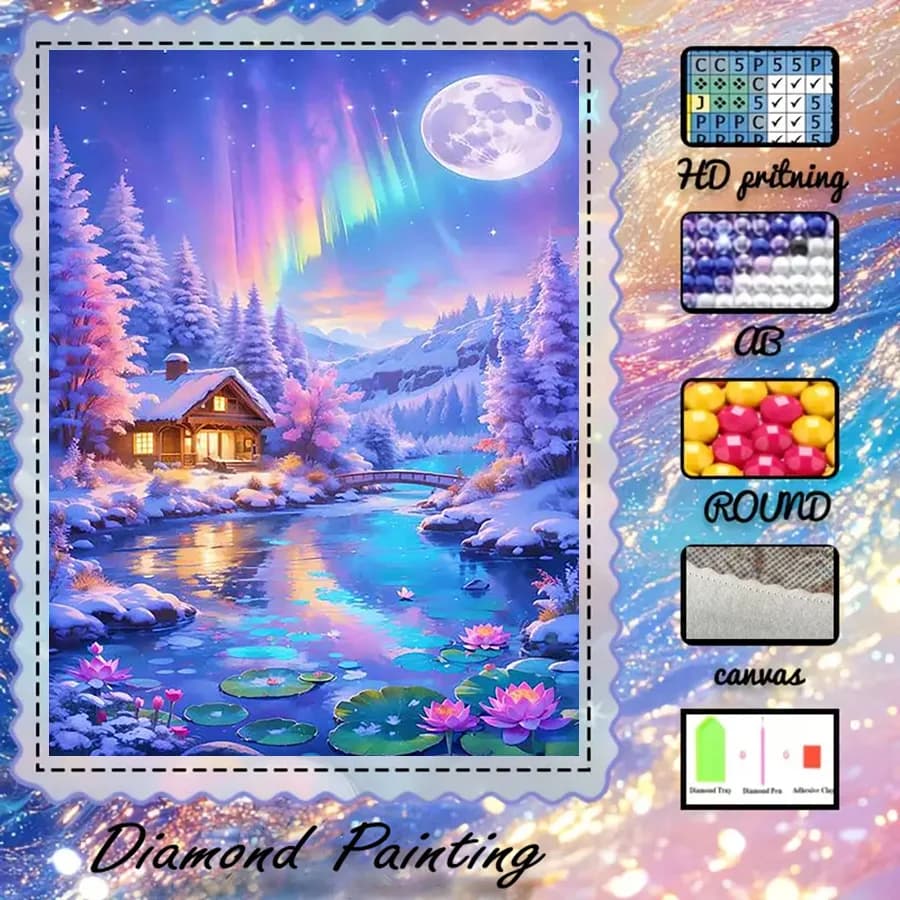 1 pezzo - 5D-DIY - Tessuto floccato - Trapano speciale - Set per pittura con diamanti - Aurora boreale, Neve - Mosaico - Diamond Art