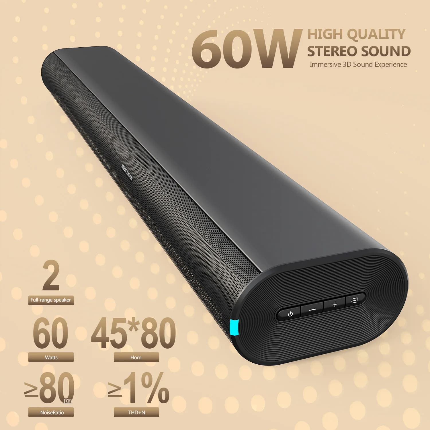 Subwoofer Sound Bar System for Home Theater Living Room TV 60W Powerful 3D Stereo Sound BT AUX OPT HDMI USB Drive Input Modes