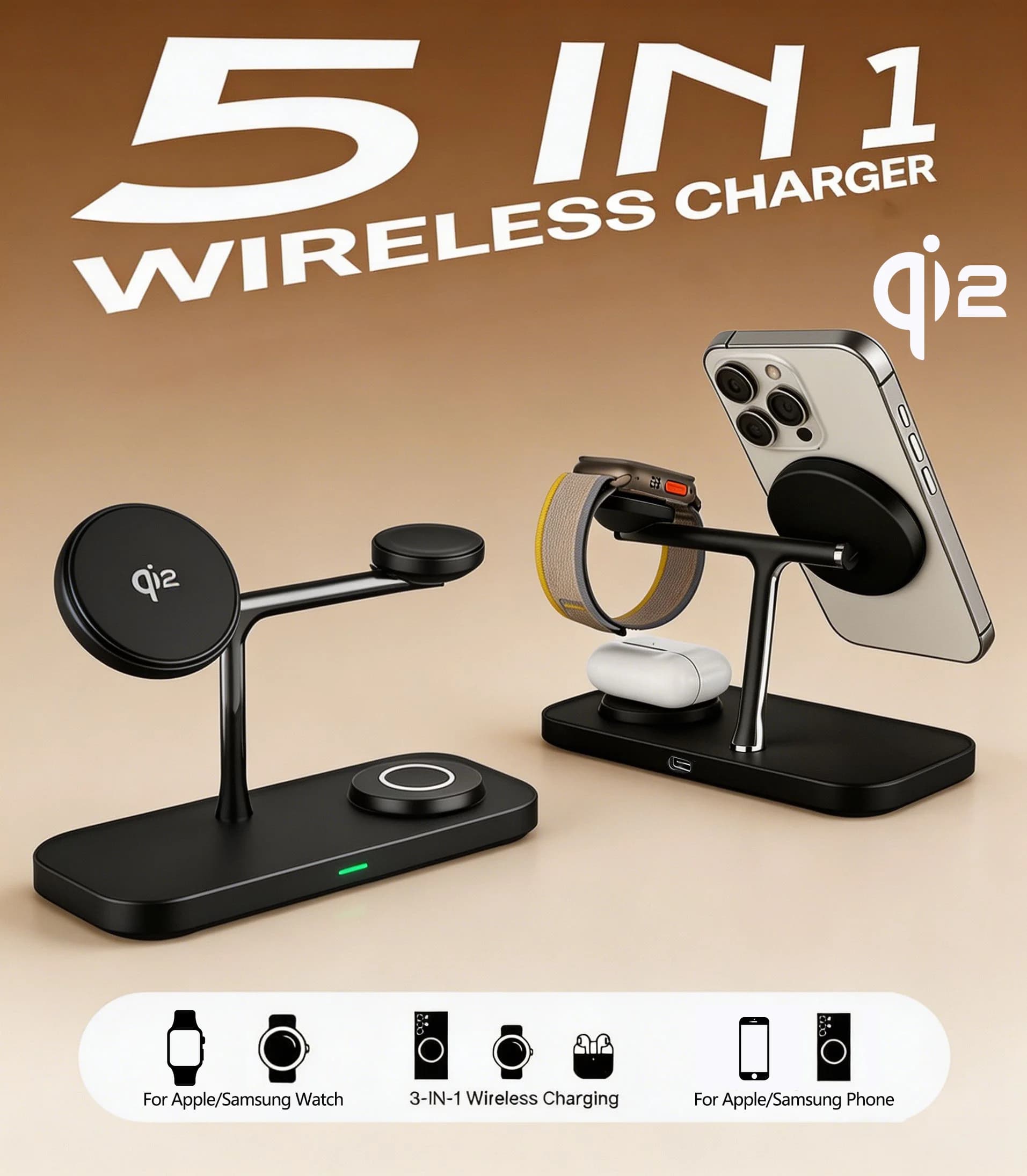 TIMESS QI2 Caricabatterie Wireless Magnetico 3 in 1 per iPhone 16 15 14 13 12, Stazione di Ricarica Rapida per Apple Watch e Airpods 2 3 4