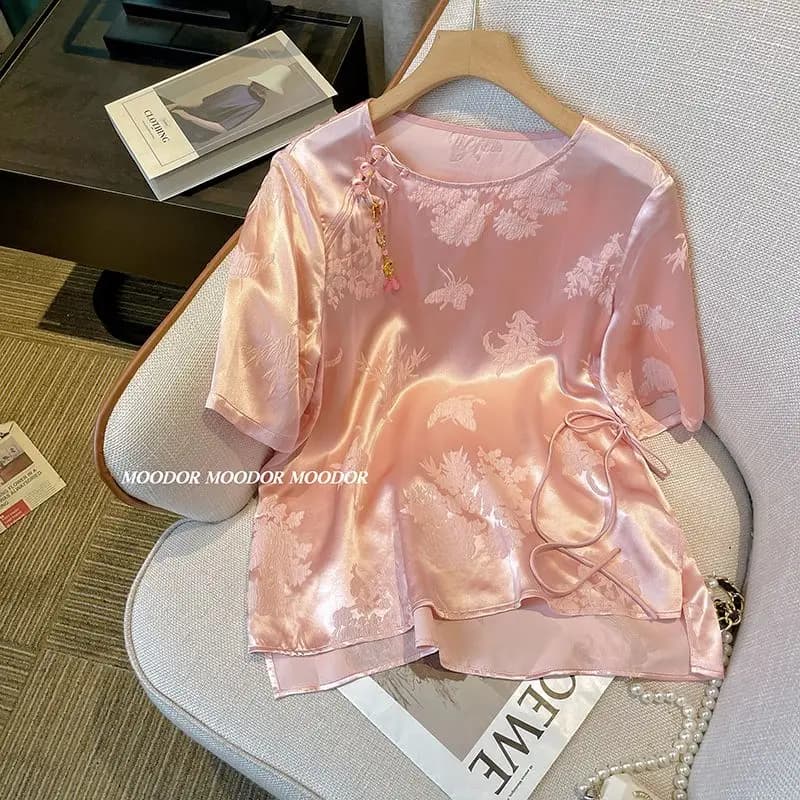 Nuova camicia stile cinese Top T-shirt in raso jacquard Rosa lucido girocollo camicetta ampia moda estiva eleganza abbigliamento donna