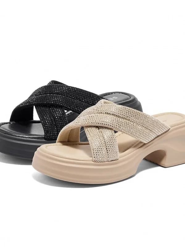 Sandali da donna con tacco alto, impermeabili, con plateau e tacco spesso, stile romano, decorati con diamanti, slip-on, per esterni