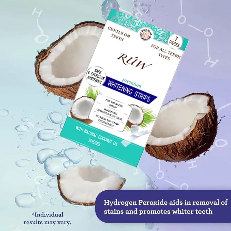 Cerotti sbiancanti per denti all'olio di cocco GuruNanda, molto venduti, per la pulizia e la cura di denti bianchi e luminosi.