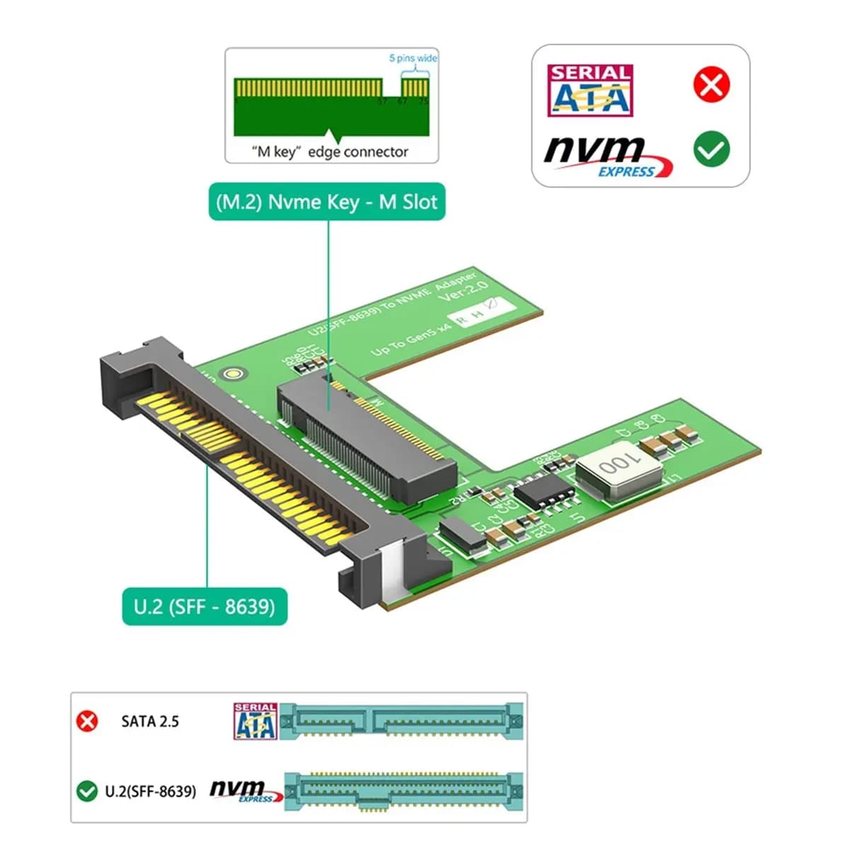 NEW FACTORY~PCIe5.0 NVMe SSD 5.0 to U.2 (SFF-8639) 5.0 2.5" SSD Adapter Convert M.2 NVMe SSD to U.2 for 2230 2242 2260 2280 SSD