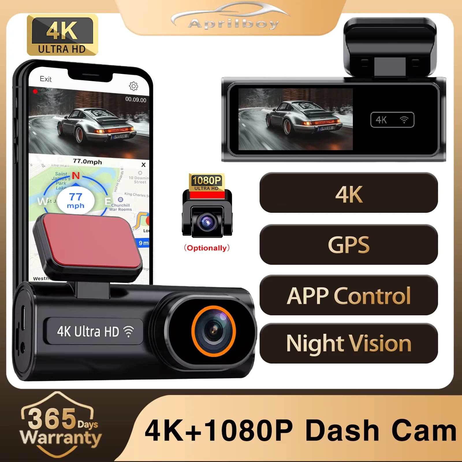 Aprilboy K6 Dash Cam 4K UHD Telecamera per auto WiFi integrato Controllo APP Doppia lente Black Box Camera Super Night Vision Dvr auto