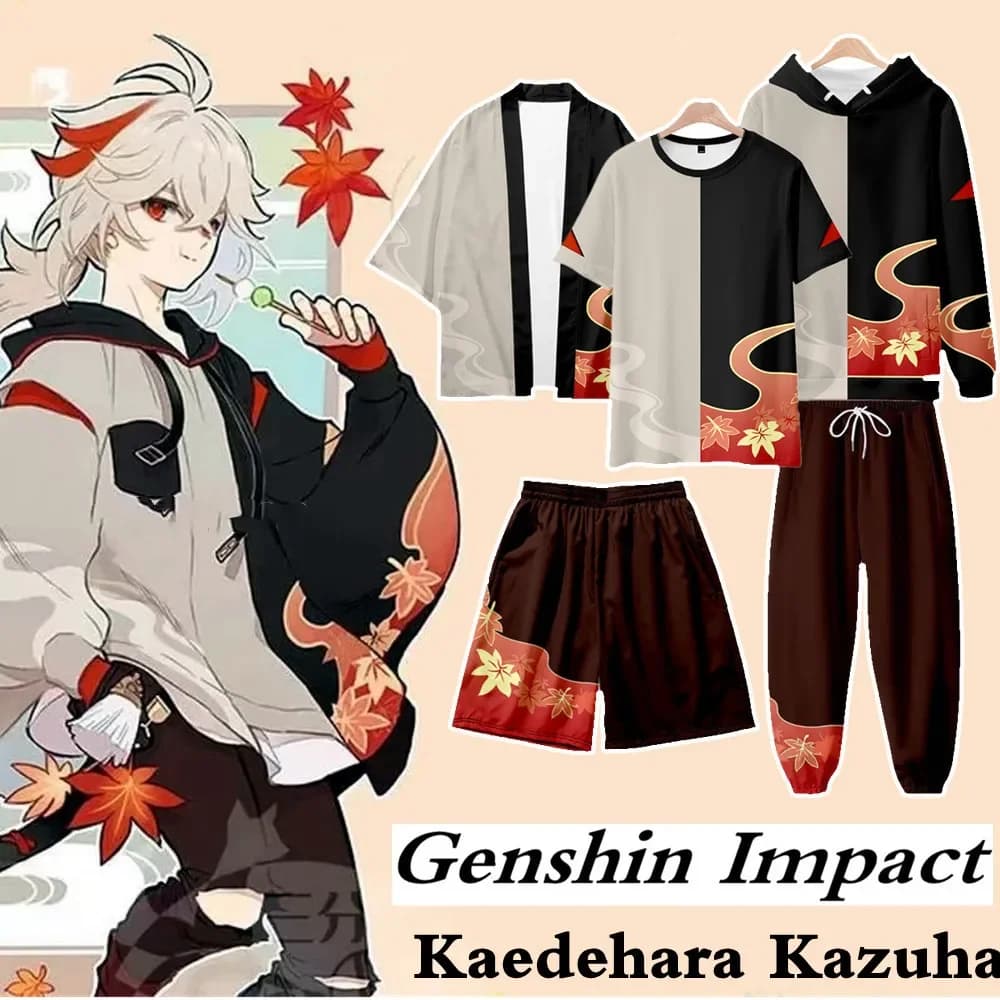 Kaedehara Kazuha felpa con cappuccio Genshin Impact Costume Cosplay Kazuha Cosplay T Shirt pantaloncini pantalone mantello Kimono donna uomo Pullover