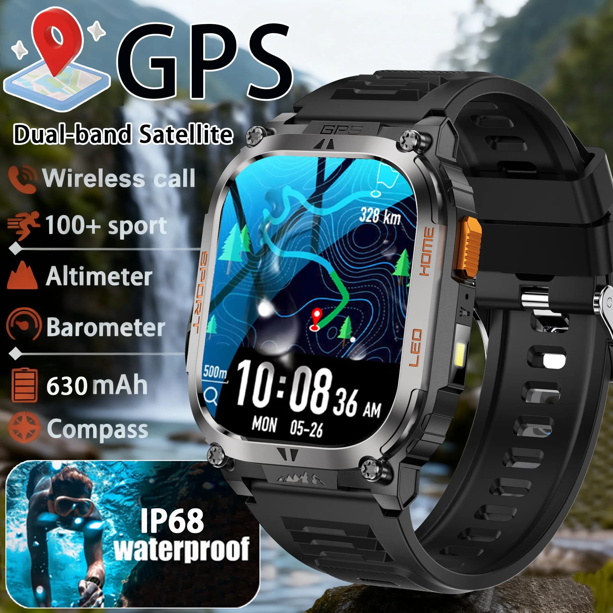 Nuovo Smartwatch Outdoor 2026 con GPS, Impermeabile IP68, Bussola, Altimetro, Batteria da 630mAh, Chiamate Bluetooth, Orologio Sportivo da Uomo con Schermo HD
