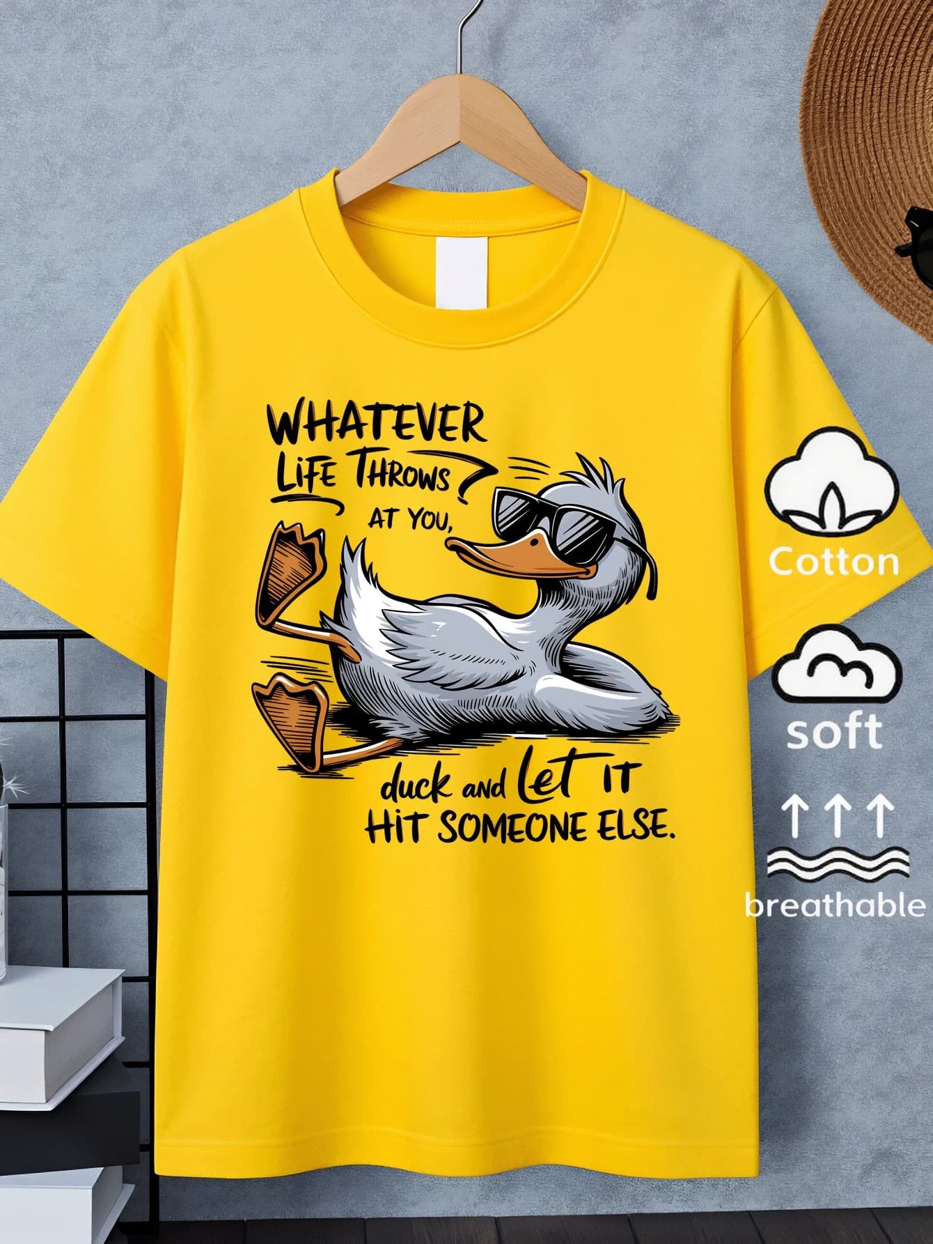 Duck Wearing Sunglasses Leisurely Floating Creative Trend Short Sleeved T-shirt Funny Personality Round Neck Parent-child Top