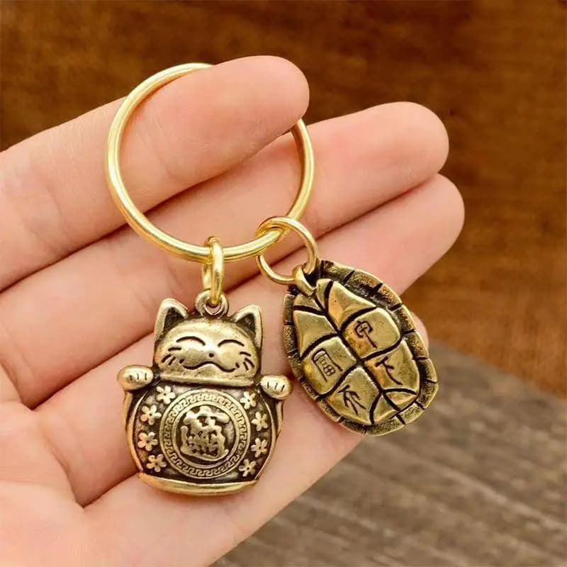 VP 1pc Zodiac Horse Five Emperors Money Pendant Lucky Cat Keychain Chinese Feng Shui Coins Key Ring Bring Wealth Fortune