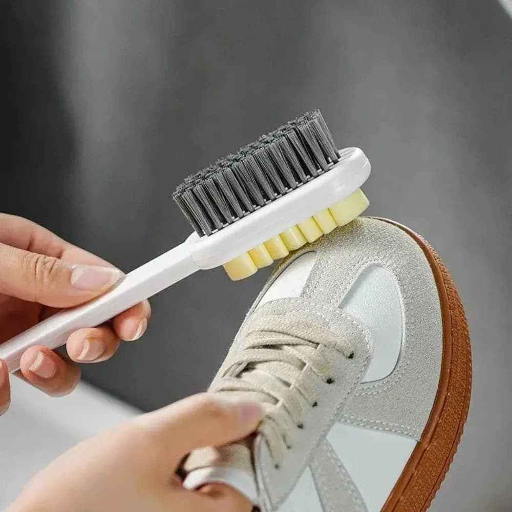 1 pz Spazzola per la pulizia di scarpe e borse in pelle scamosciata e nabuk, con manico lungo, a doppia faccia, con gomma per la rimozione di macchie e polvere