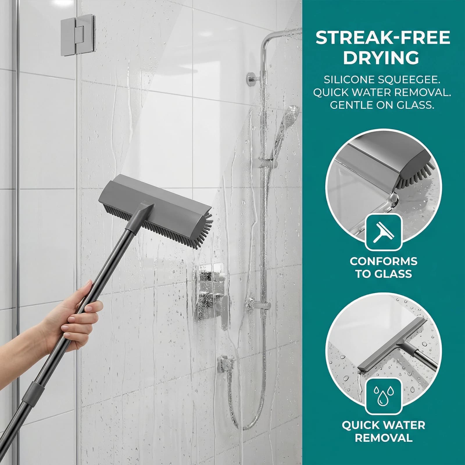 Spazzola per Doccia 3 in 1 con Setole Rigide, Manico Lungo, Tergivetro e Pinzette per Pulizia di Bagno, Patio, Garage e Cucina