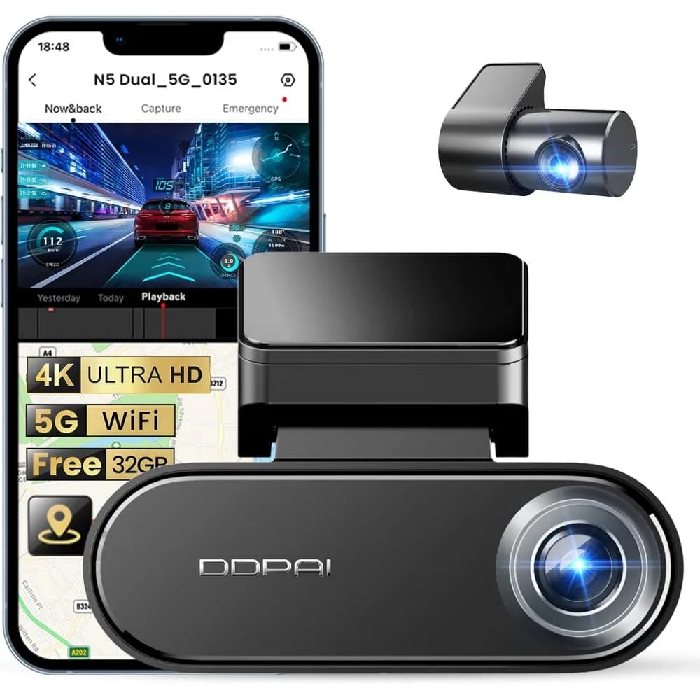 Dash Cam DDPAI 4K front and rear, car dashboard camera 2160P+1080P, Dashcam GPS 5G for cars, double eMMC support 32G free