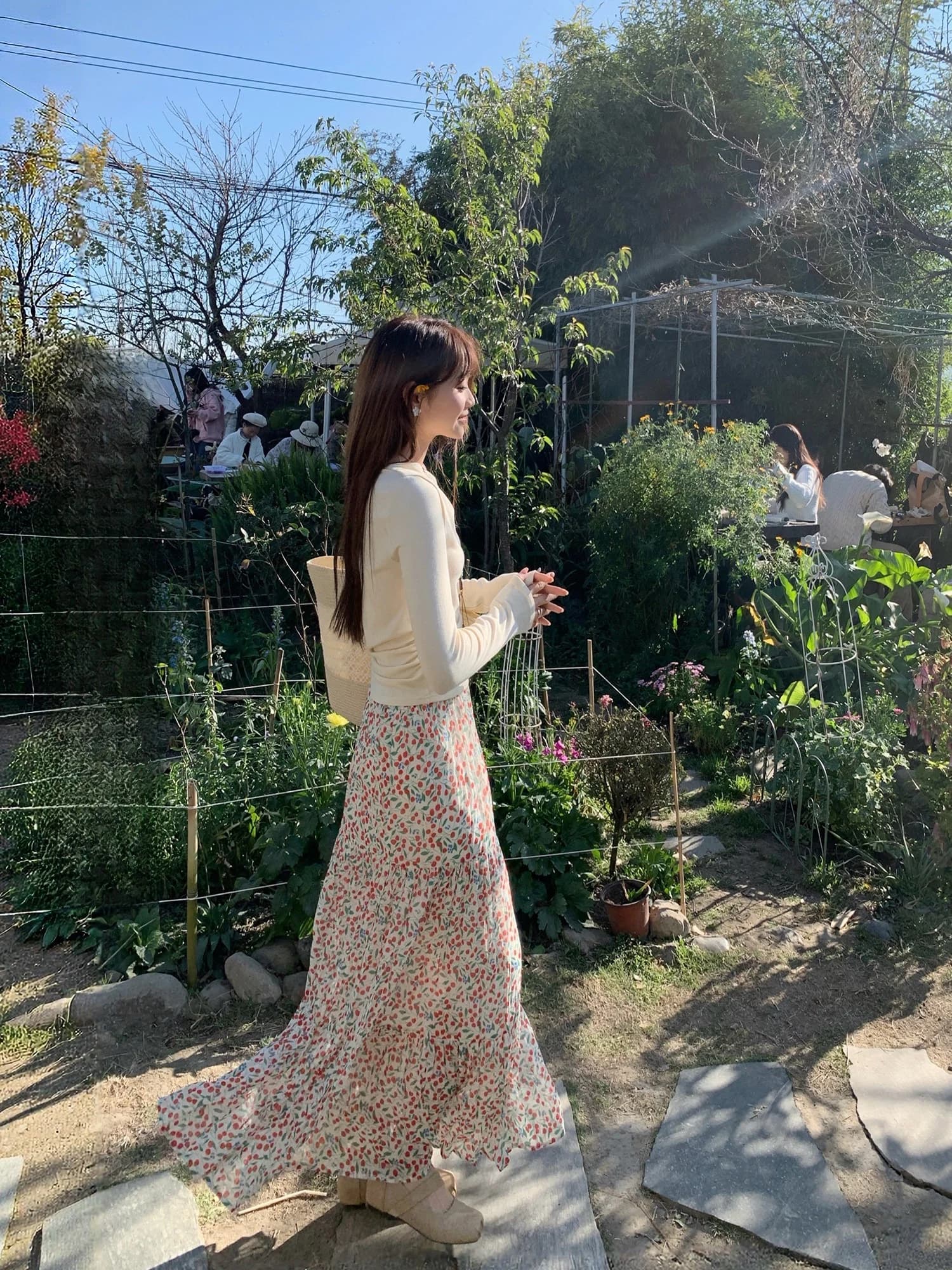 High Waist Floral Print Half Skirt Versatile Slimming Spring Summer Casual A-Line Skirt Polyester Fiber Elastic Waist