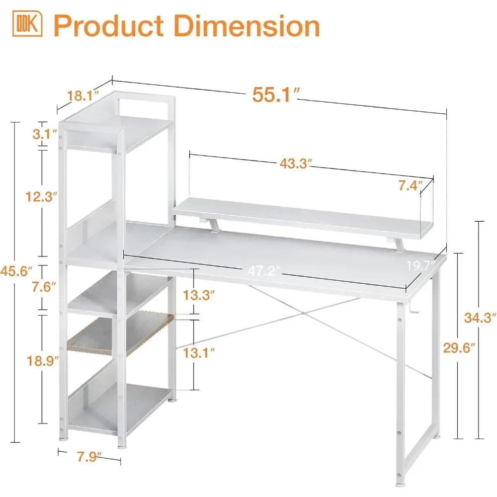 Reversible Study Table,55 Inch Computer Desk With Storage Shelves And Monitor Stand, Writing Desk With Bookshelf