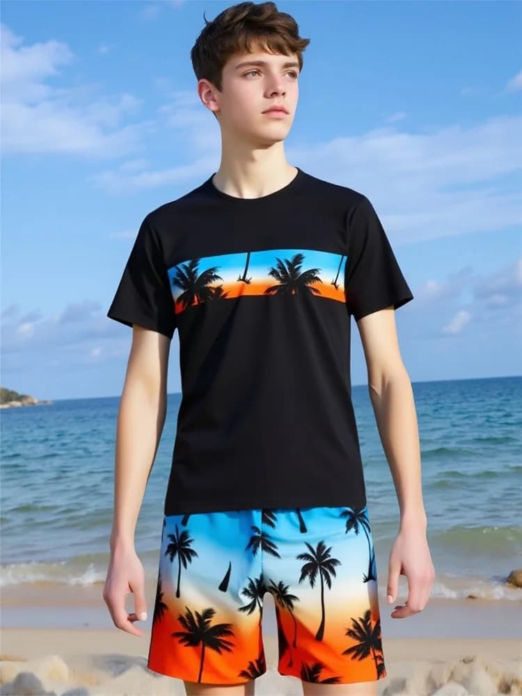 Costume da bagno per bambini 2026, nuovo modello a maniche corte con stampa, due pezzi, pantaloncini da spiaggia per l'estate, per il nuoto