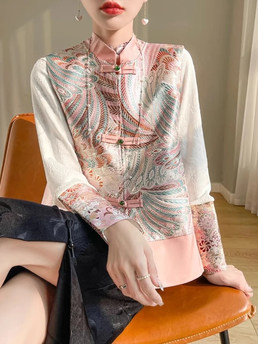 Spring 2026 New Chinese Style Embroidered Pink Hanfu Vest Satin Retro Korean Version Jacket Floral Pattern Single Button Closure