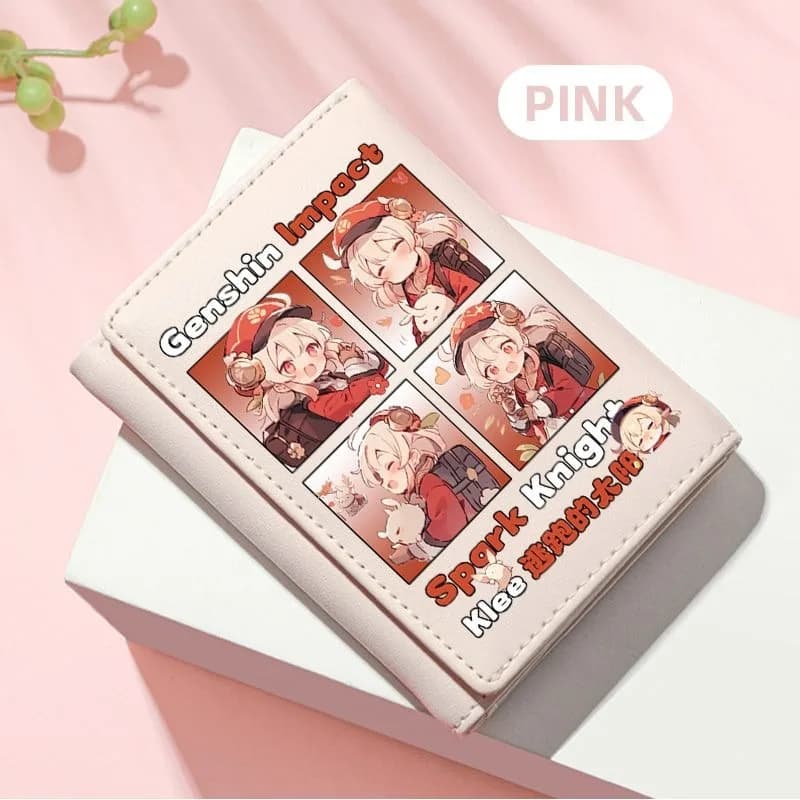 Portafoglio anime in pelle vegana Chibi Genshin Impact per studente ragazzo ragazza tri-fold con blocco RFID mini portamonete corto fermasoldi carino
